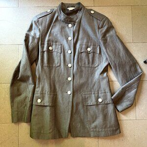 Max Mara Military Brown Jacket Logo Buttons Linen/Wool Blend-Sz.10